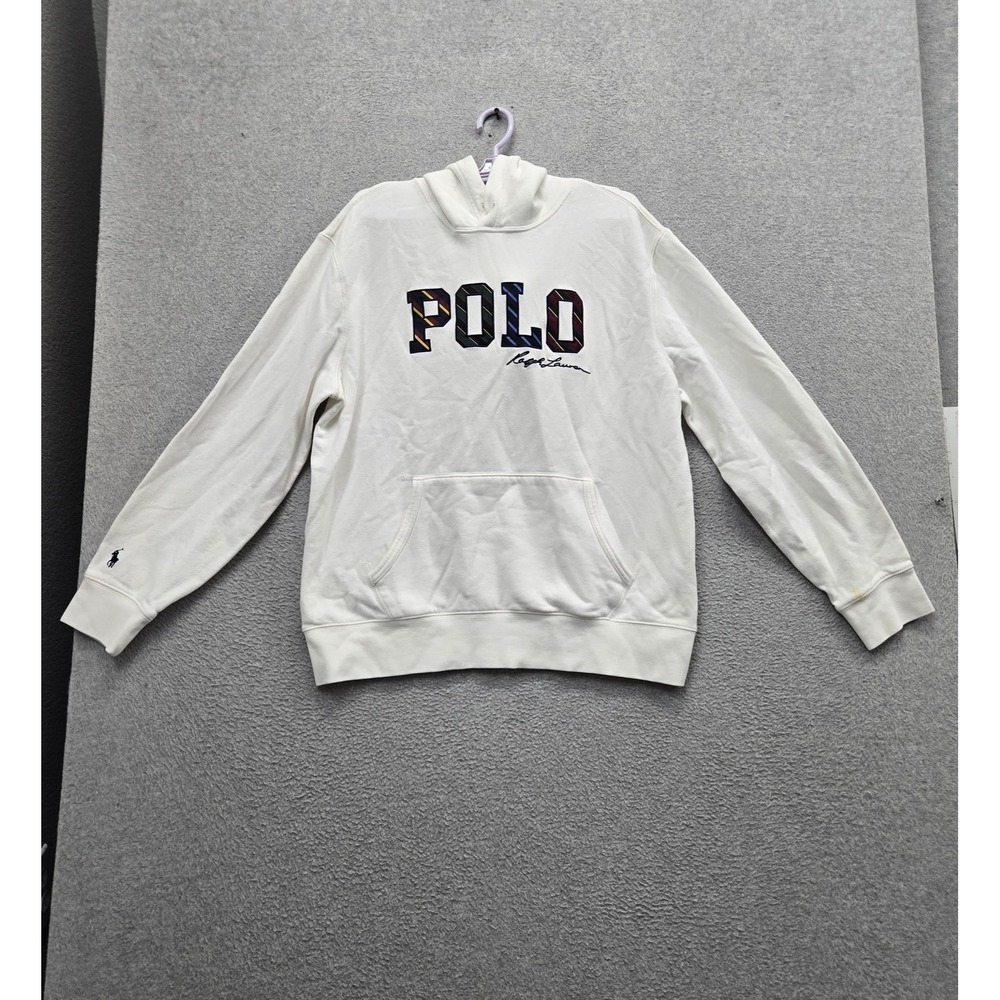 Polo Ralph Lauren Men Hoodie XL White Striped Logo Embroidered Fleece READ